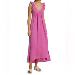 Xirena Leyla Midi Dress Womens XL Pink Sleeveless Flutter Sleeve V-Neck Cotton